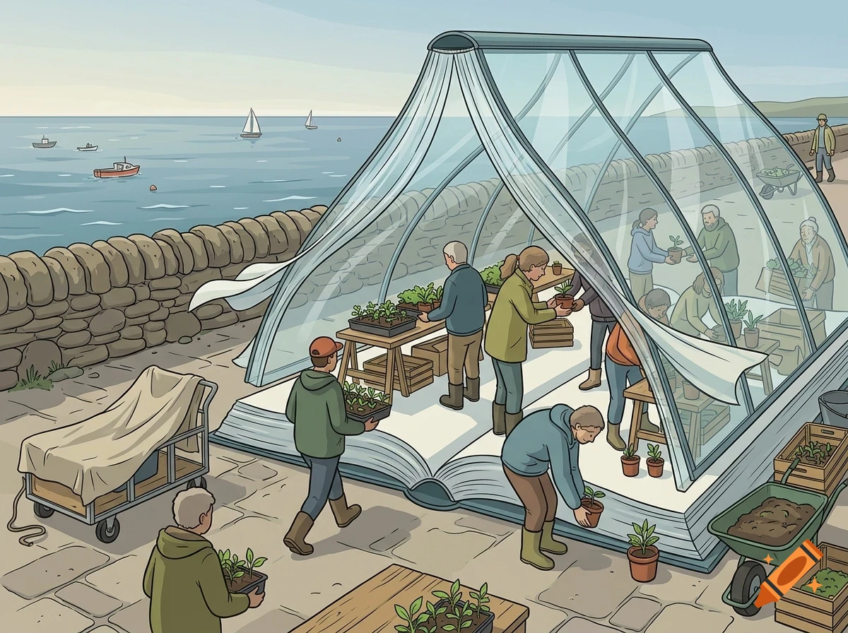 An open book forms the structure of a large glass greenhouse by the sea, with people planting and tending to seedlings inside and outside.