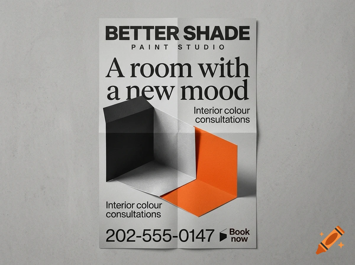 A folded poster for Better Shade Paint Studio with minimalist interior design graphics and text.