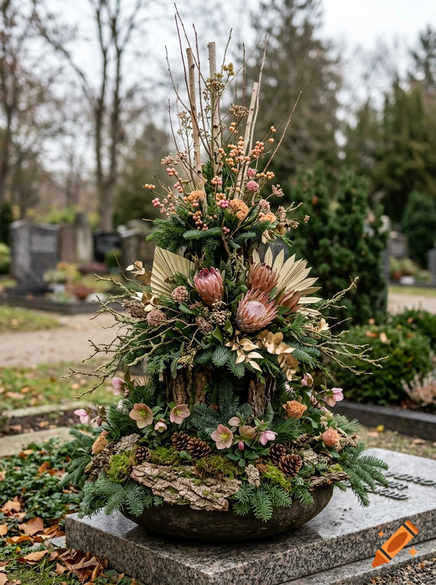 Photorealistic arrangement of proteas, pine branches, and winter flowers in a stone bowl on a gravestone.