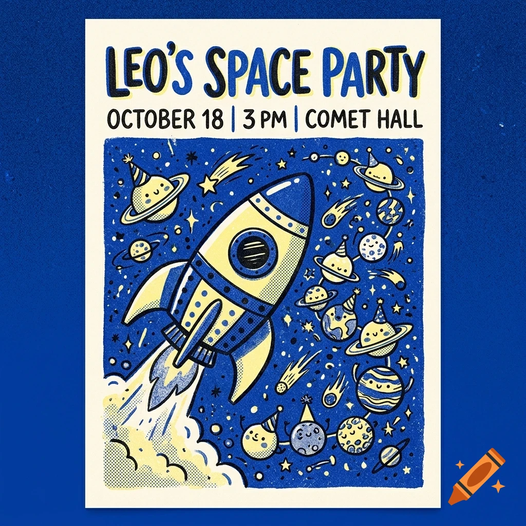 An illustrated poster for Leo's Space Party featuring a cartoon rocket and planets against a blue starry background with event text.
