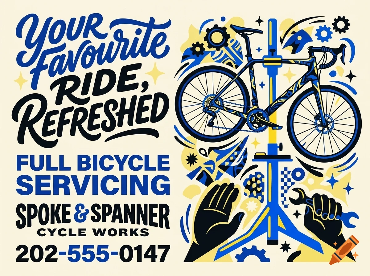 An illustrated poster for Spoke & Spanner Cycle Works featuring a bicycle on a repair stand, tools, and bold lettering.