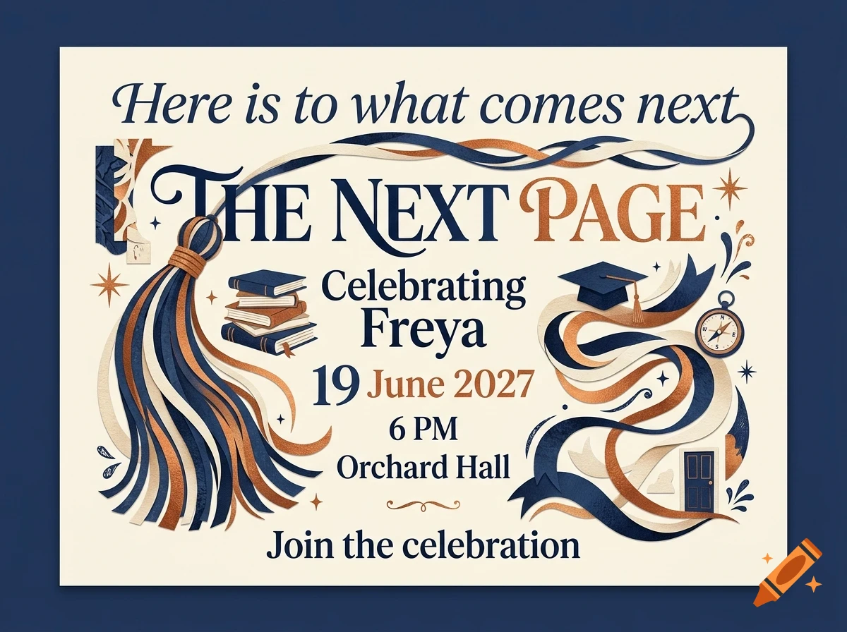 An invitation card featuring graduation motifs, books, a mortarboard, a tassel, ribbons, and the text The Next Page and Celebrating Freya.