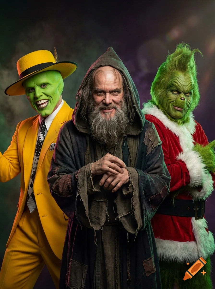 Photorealistic image of Jim Carey as The Mask, Gargamel from The Smurfs, and Jim Carrey as The Grinch standing together.