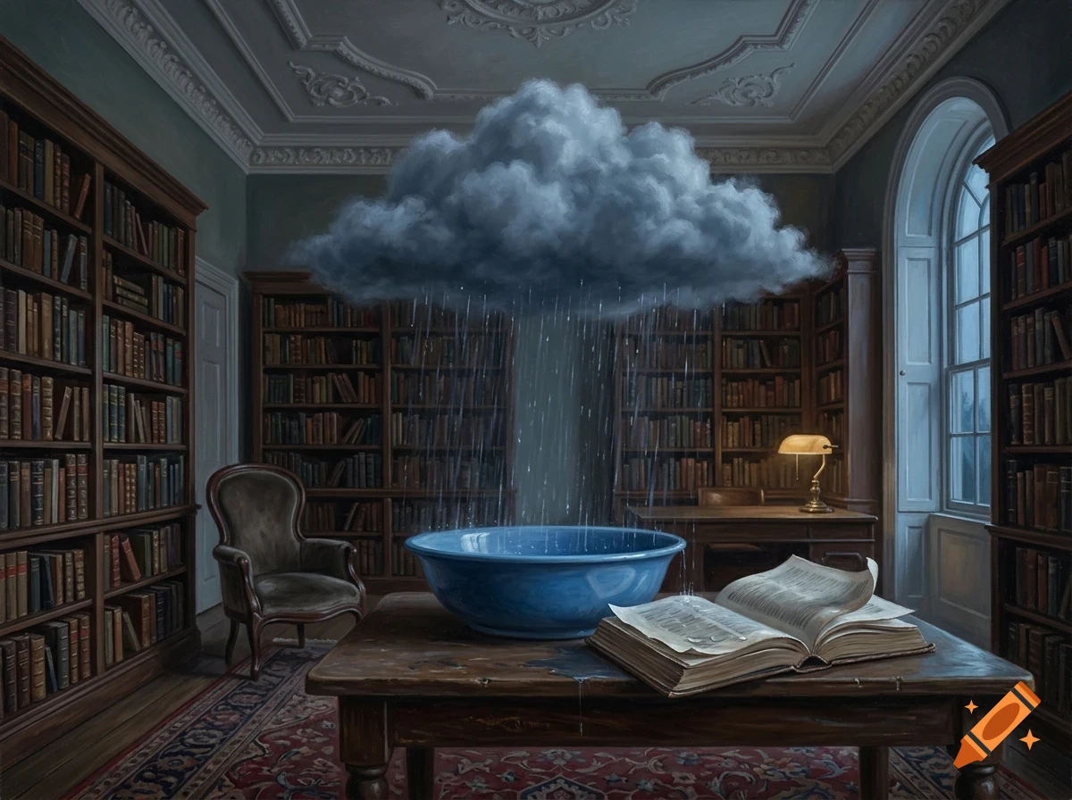 A surreal scene inside a library with a dark rain cloud hovering indoors and raining into a large blue bowl on a table next to an open book.