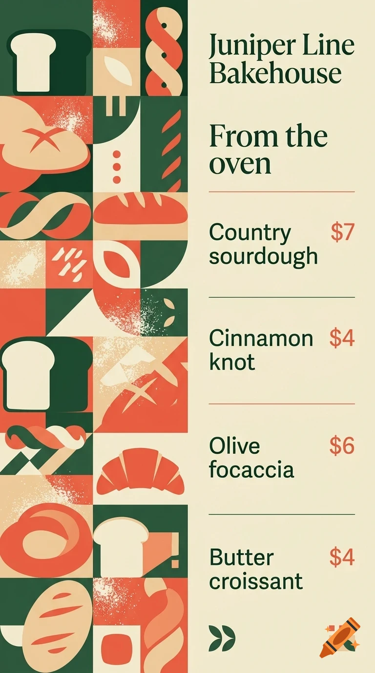 A menu for Juniper Line Bakehouse with abstract bread illustrations and prices for sourdough, cinnamon knot, focaccia, and croissant.