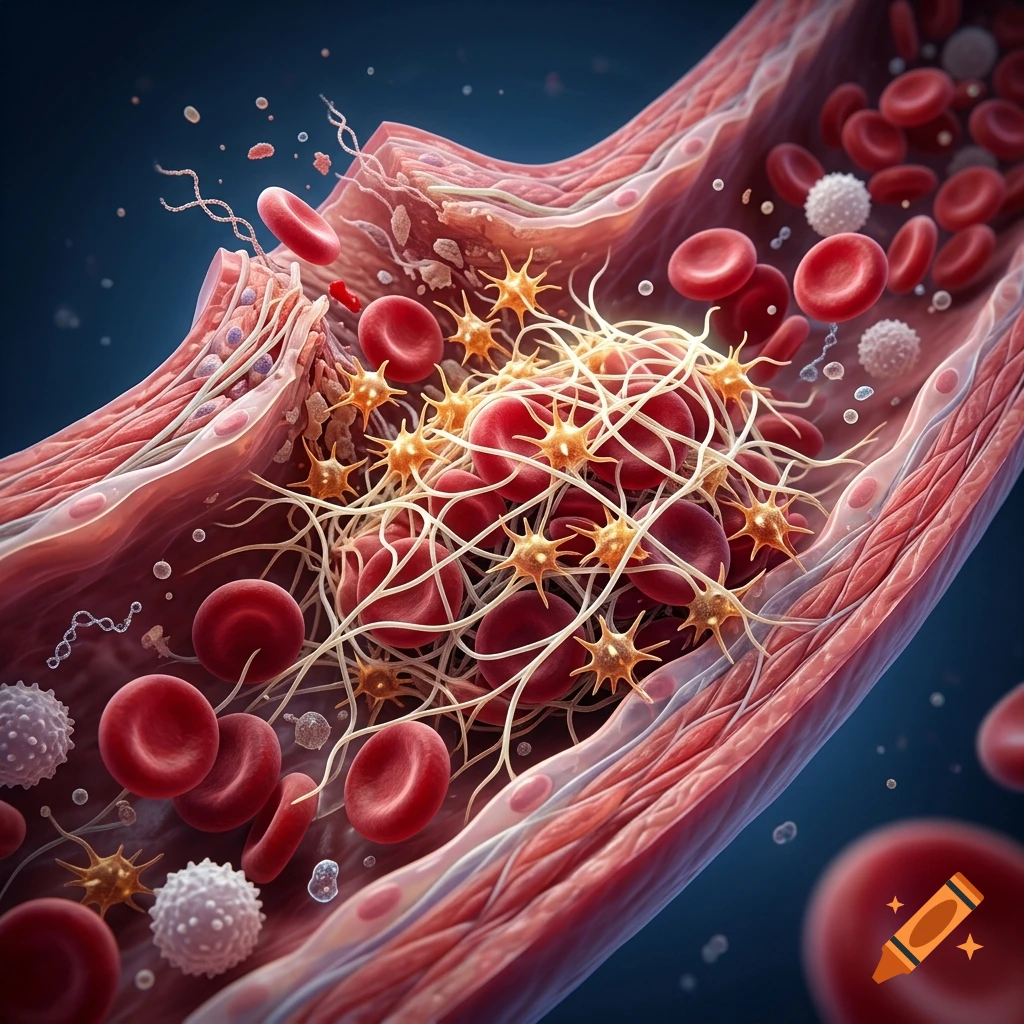 3D medical illustration showing blood coagulation with red blood cells, platelets, and fibrin strands inside a blood vessel.