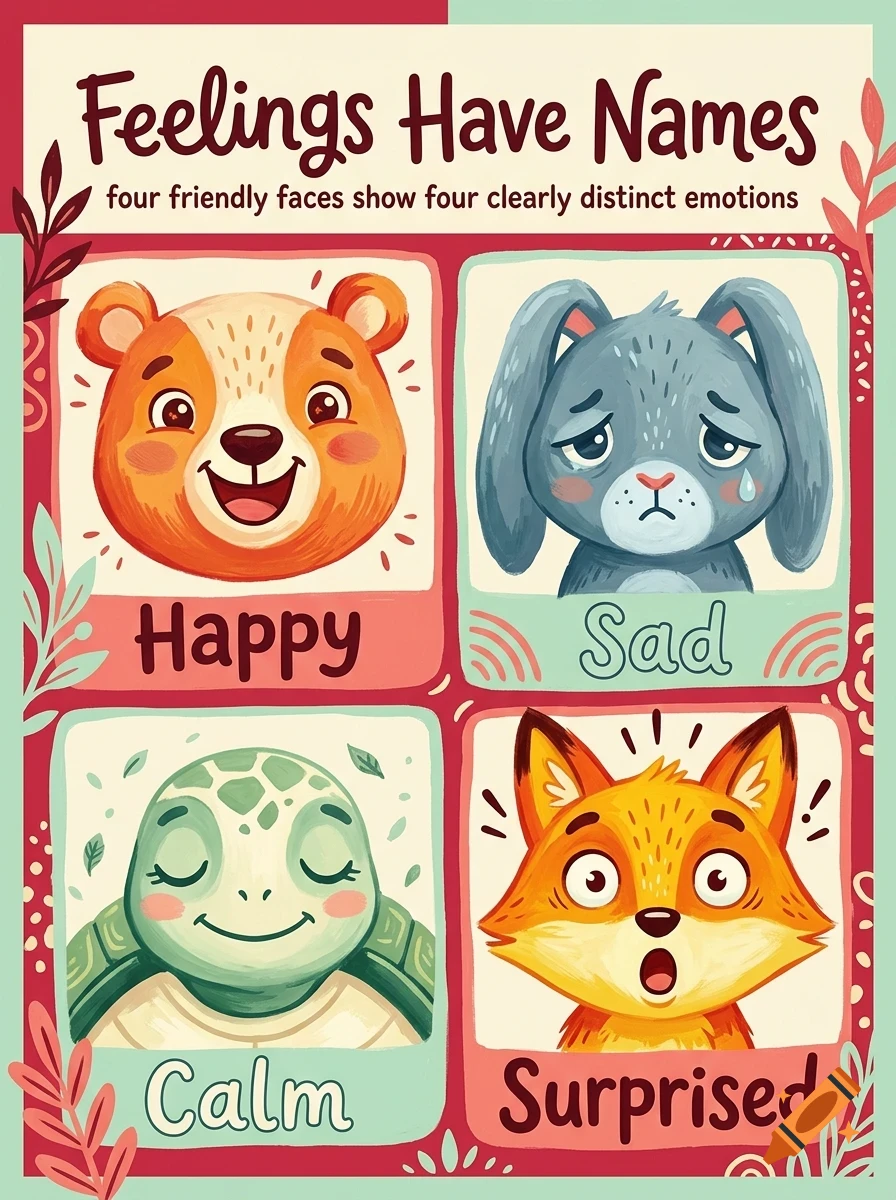 An educational poster titled 'Feelings Have Names' featuring four illustrated animal faces displaying happy, sad, calm, and surprised emotions.