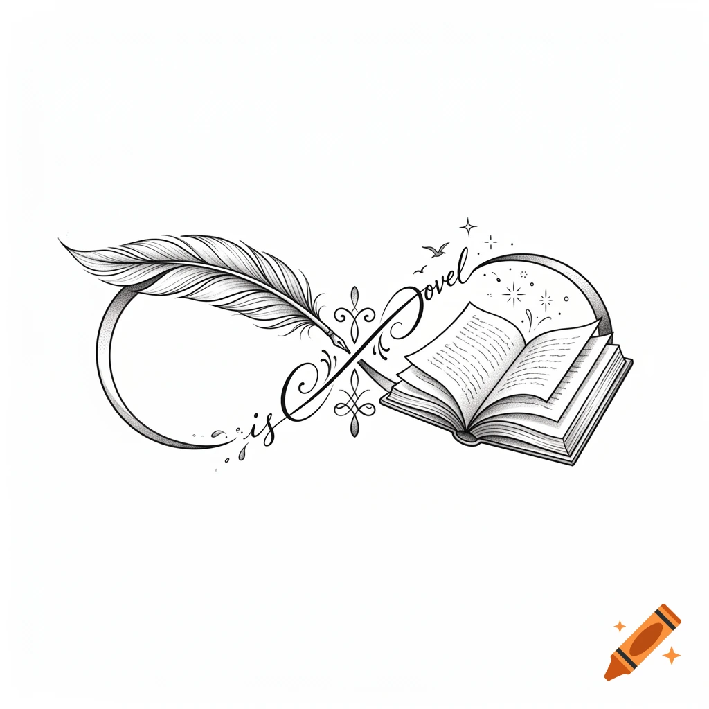 Black and white tattoo design of an infinity symbol with a feather on one side and an open book on the other, stipple shading style.