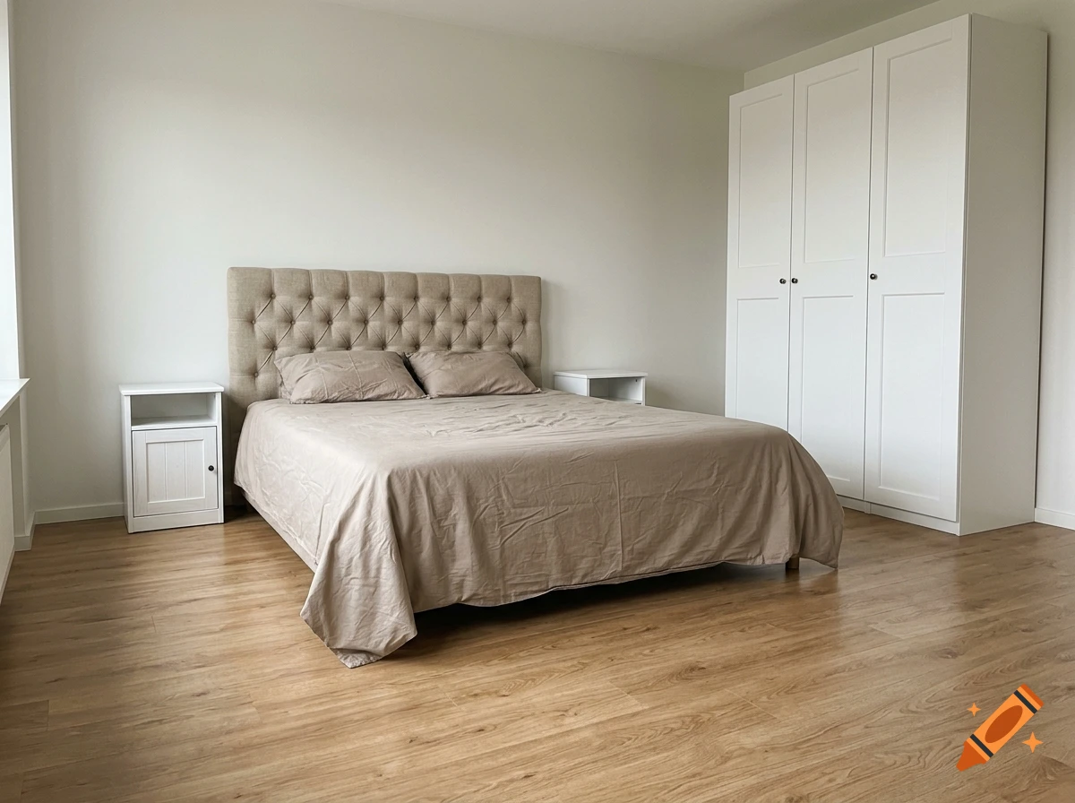 Modern bedroom with a beige tufted headboard bed, wooden floor, white wardrobe, and two nightstands.