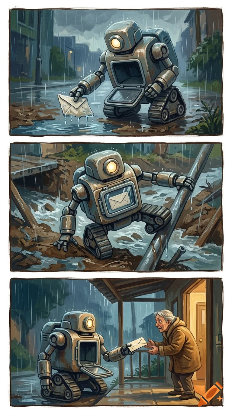 A three-panel comic illustration shows a small tracked robot delivering a letter to a person in the rain.