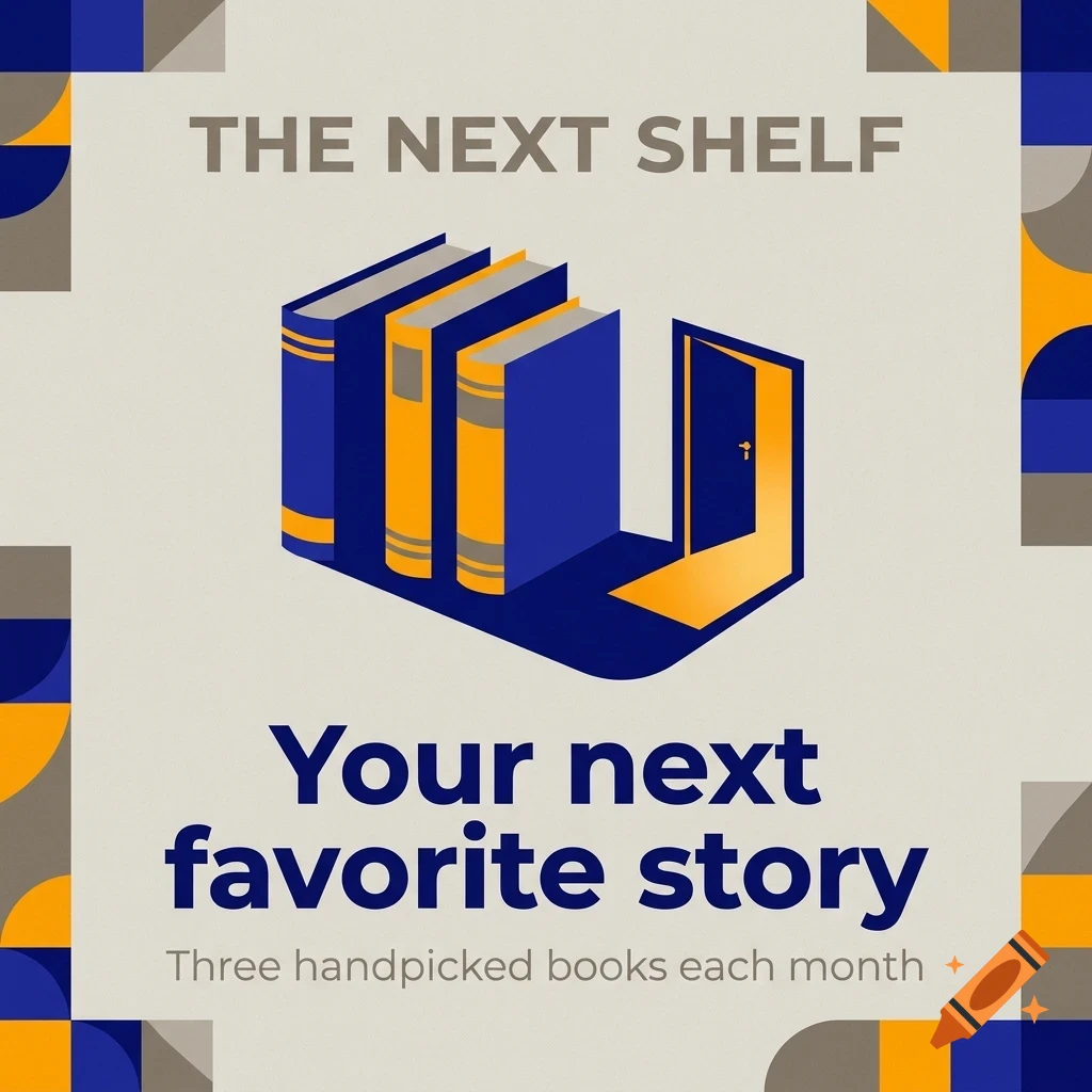 An illustration of books on a shelf next to an open door with the text THE NEXT SHELF and Your next favorite story.