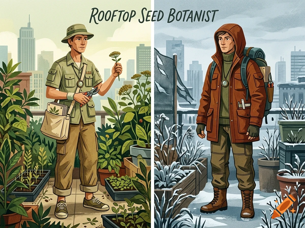 An illustration showing a comparison of a rooftop botanist in warm weather on the left and cold weather on the right against a city skyline.