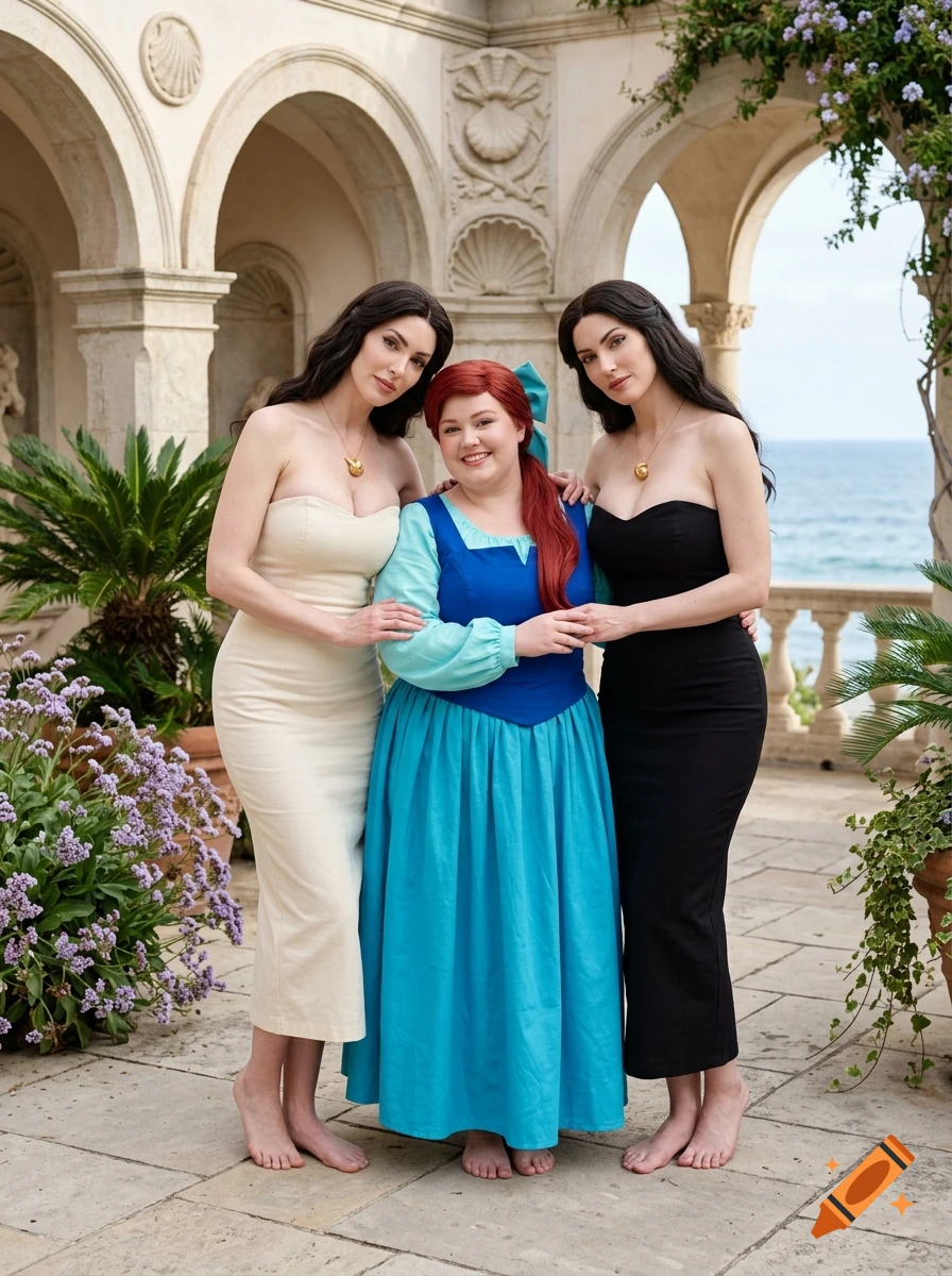 Photorealistic image of Vanessa and Morganna standing beside Ariel in a coastal stone courtyard.