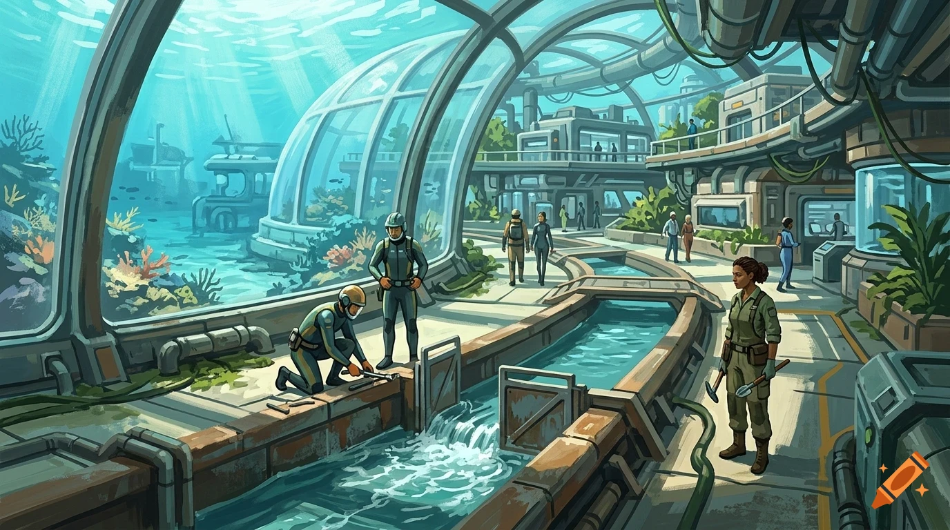 An underwater futuristic facility with people in diving suits and work attire exploring corridors and maintenance areas visible through large glass domes.