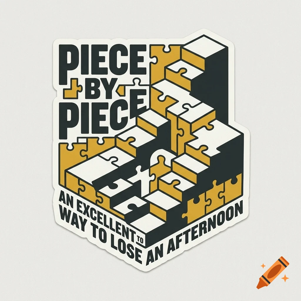 An isometric sticker design featuring stairs made of puzzle pieces with the text Piece By Piece An excellent way to lose an afternoon.