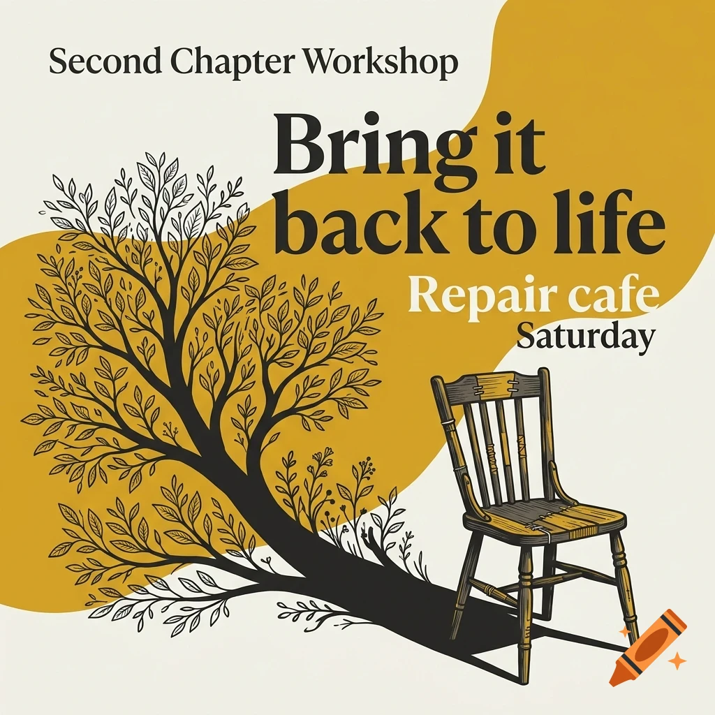 An illustrative poster with text 'Second Chapter Workshop', 'Bring it back to life', and 'Repair cafe Saturday', featuring a stylized tree and a wooden chair casting a shadow.