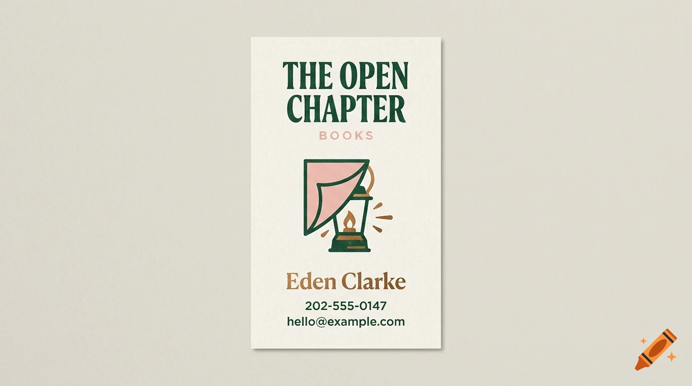 A business card for The Open Chapter Books featuring a lantern and book illustration with contact details.