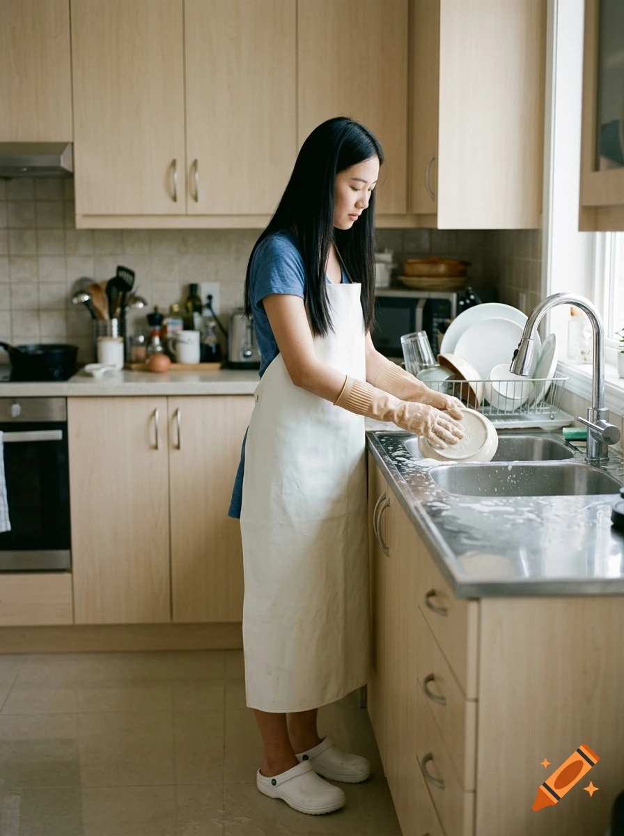 Photorealistic full-body shot of a young woman with long black hair washing dishes at a kitchen sink, wearing an apron and gloves.