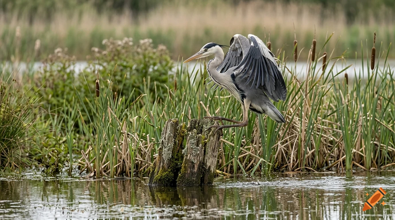 A grey heron landing on a weathered tree stump in a marshland with reeds and water.
