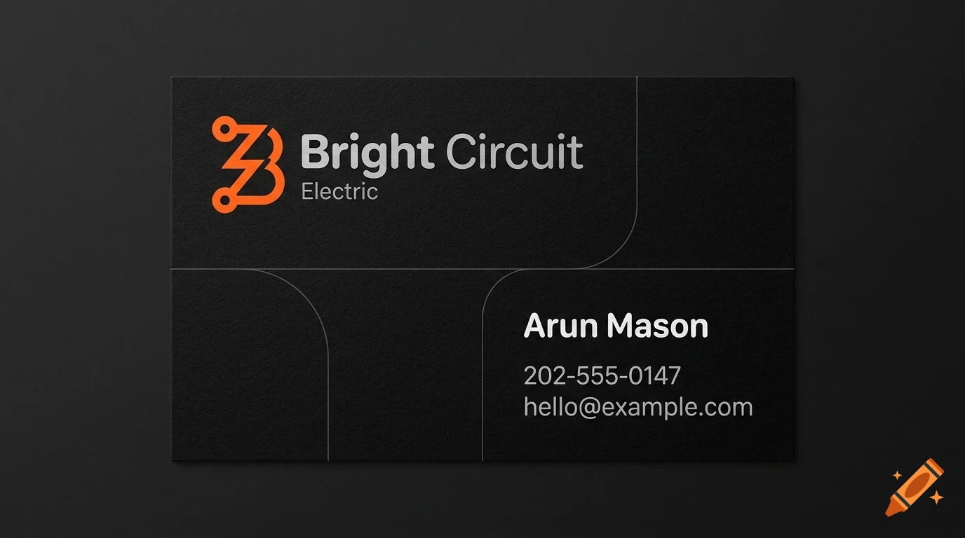 A dark business card mockup featuring an orange logo, the text Bright Circuit Electric, and contact details for Arun Mason.