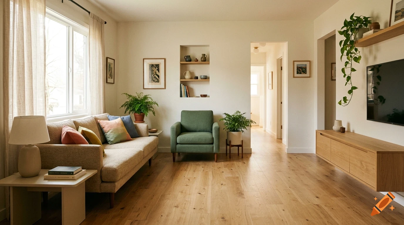 A brightly lit living room with a beige sofa, green armchair, wooden floor, and potted plants.