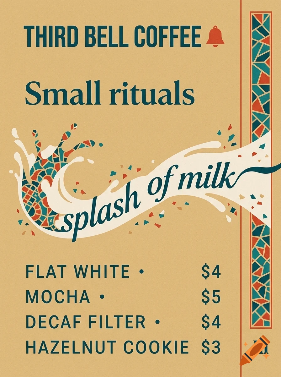 A coffee shop menu poster with a retro illustration of a milk splash, lettering, and prices.