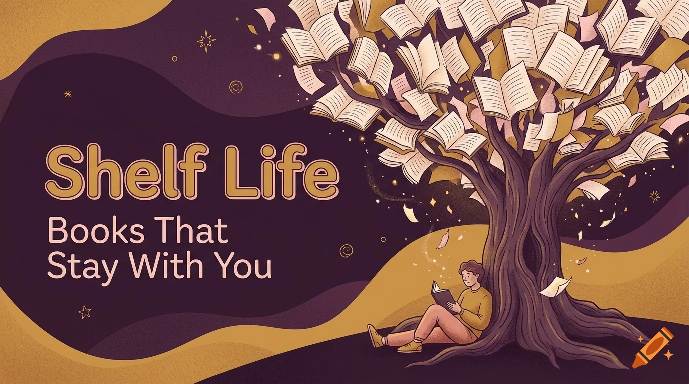An illustration of a person reading a book while sitting under a large tree whose leaves are open books, with text reading Shelf Life Books That Stay With You.