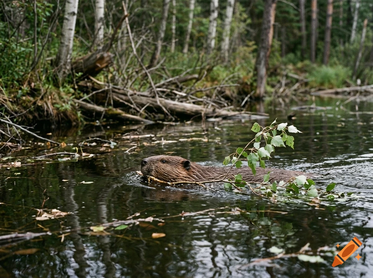 A beaver swimming in a calm forest river, carrying a leafy branch in its mouth.