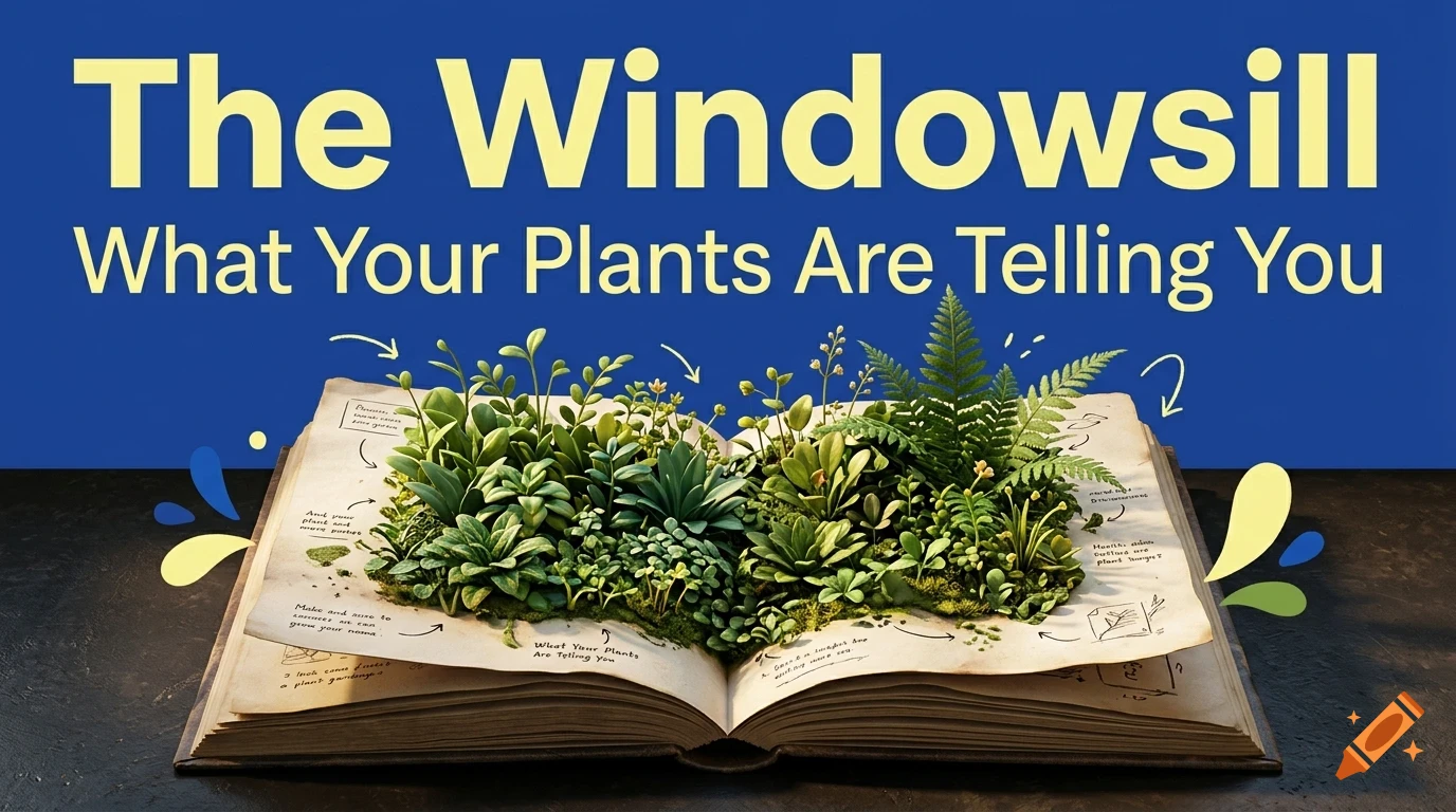 An open book on a dark surface with miniature green plants and diagrams sprouting from the pages, with the text The Windowsill and What Your Plants Are Telling You above.