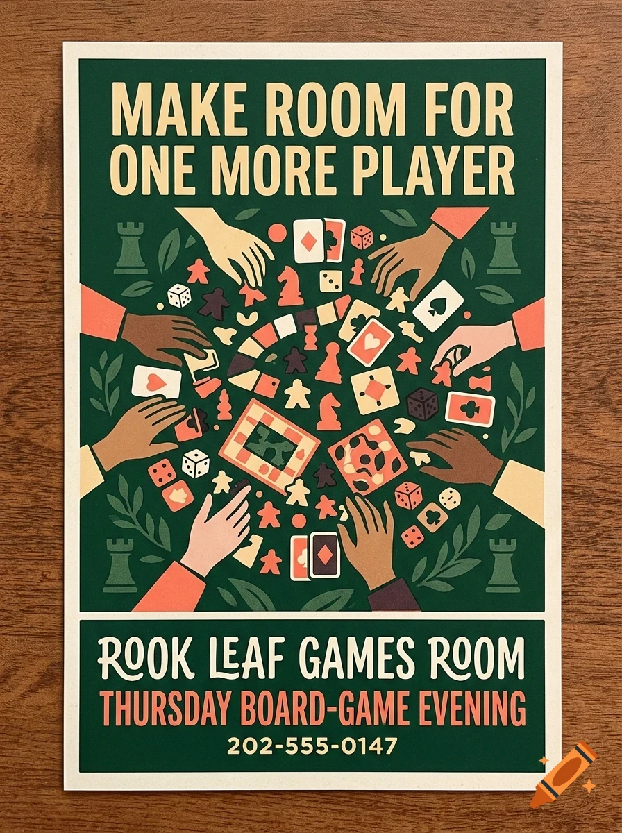 An illustrated poster advertising a board game evening, featuring hands playing games surrounded by dice, cards, and game pieces.