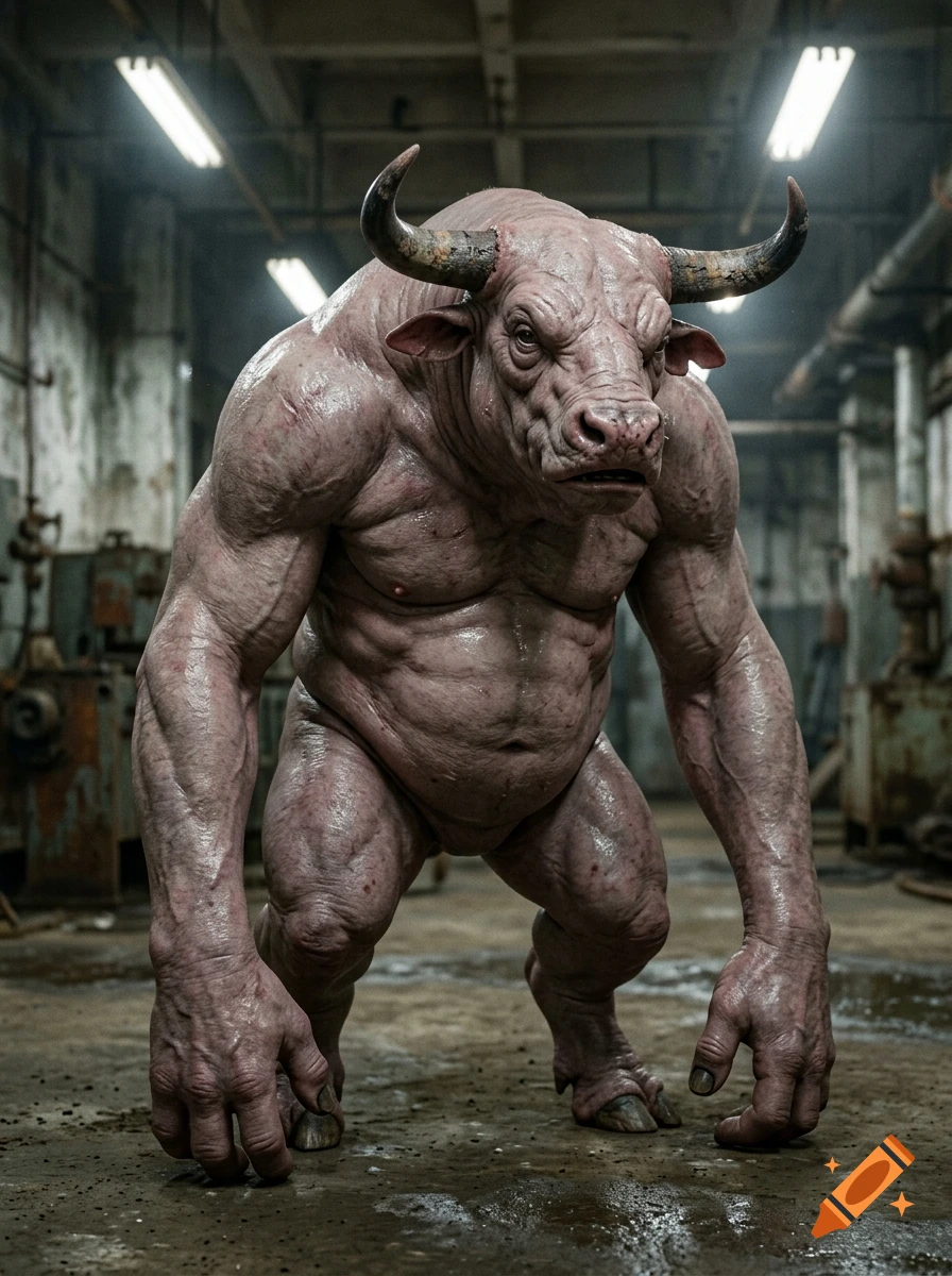 Photorealistic image of a hairless, muscular minotaur abomination standing in a rundown industrial factory.