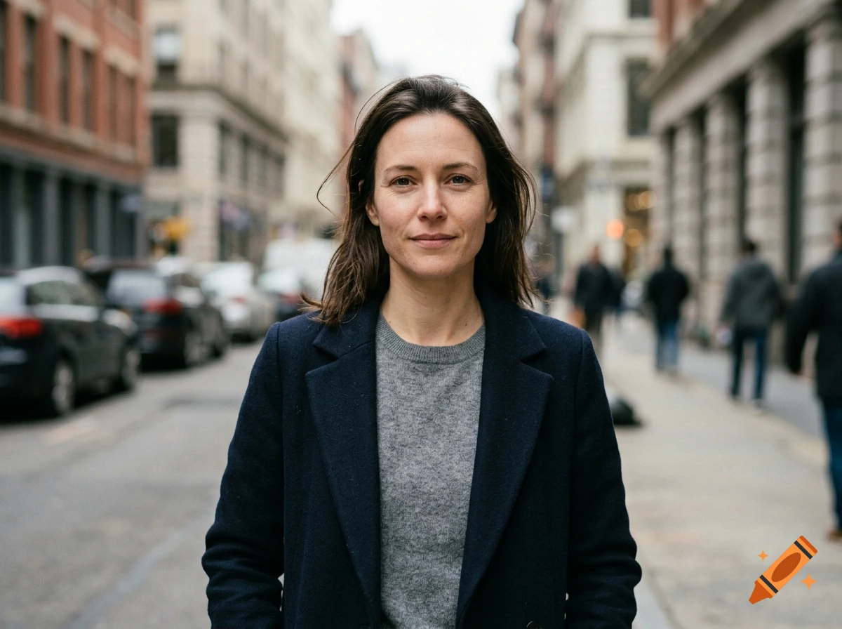 Photorealistic medium shot of a woman with dark hair in a coat walking down a busy city street.