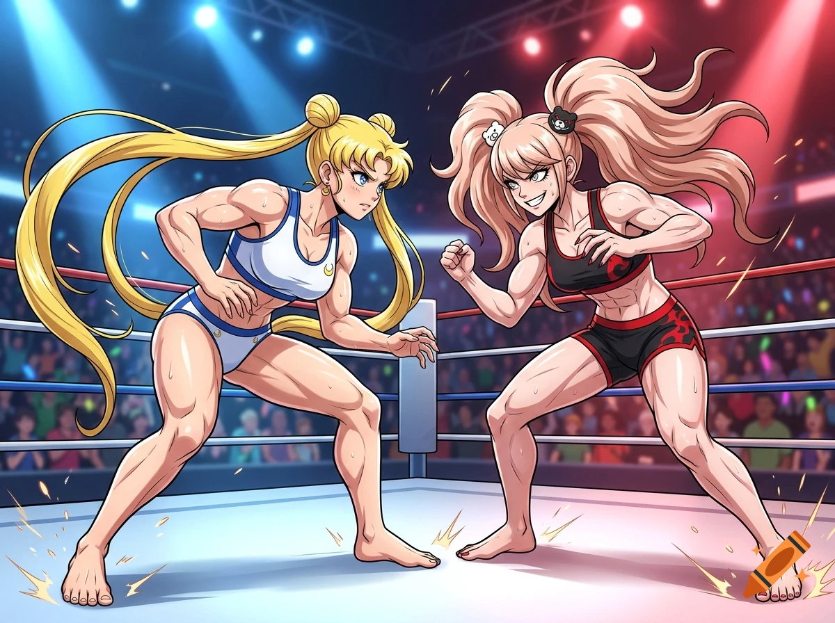 Anime style illustration of Sailor Moon and Junko Enoshima wrestling in a boxing ring.