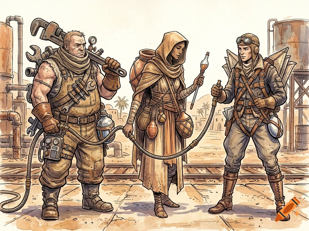An illustration of three fantasy-style characters in an industrial setting, including a mechanic with tools, a traveler in robes, and an aviator.
