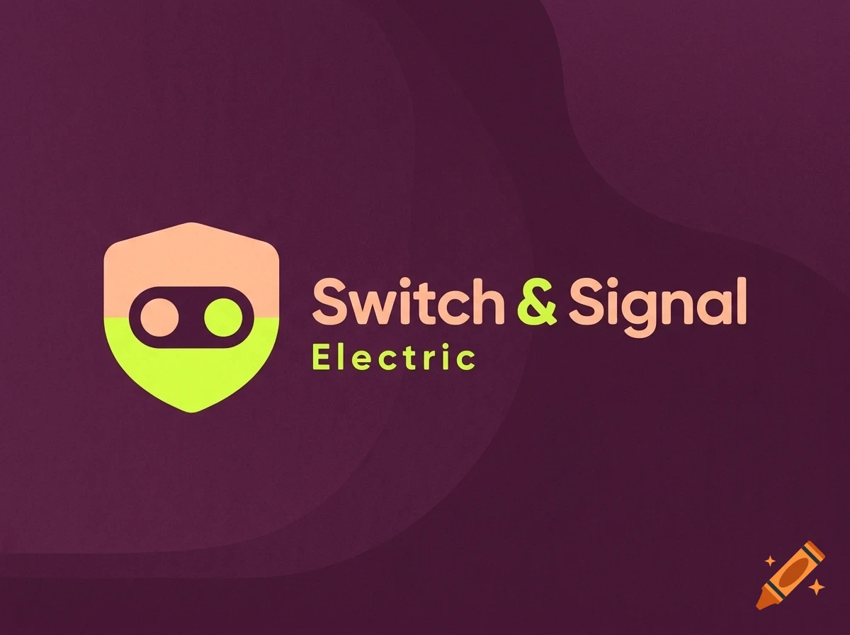 A logo for Switch & Signal Electric with a shield icon featuring a switch and signal light, on a purple gradient background.