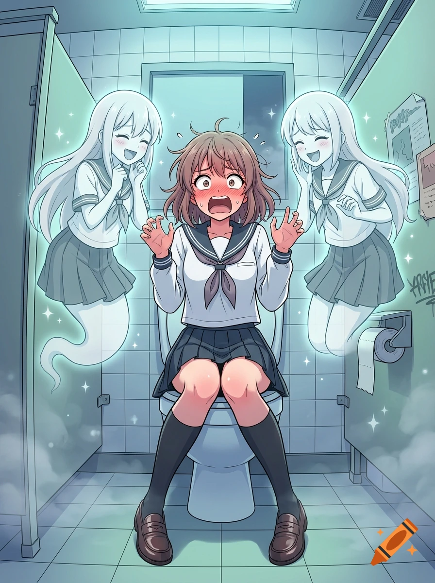 Anime style illustration of a terrified, blushing schoolgirl sitting on a toilet while two playful ghosts laugh at her.