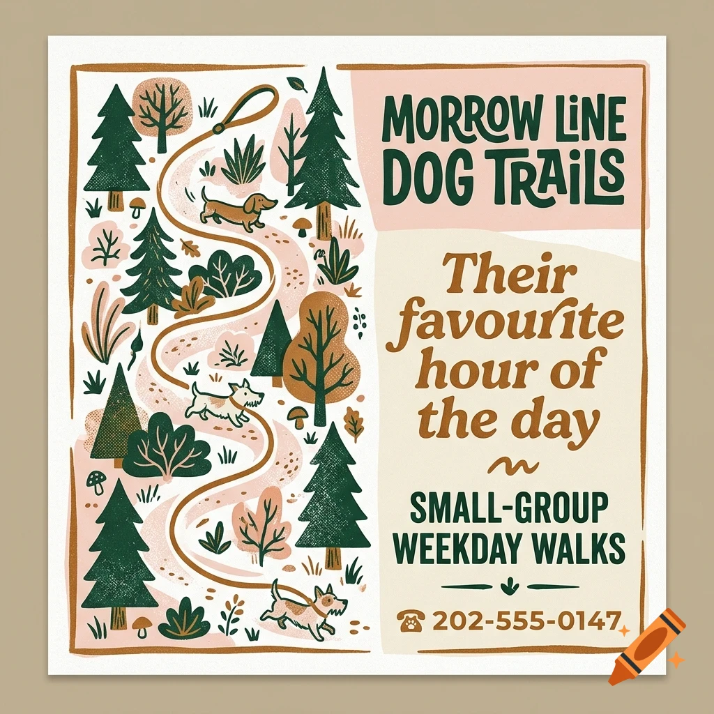 An illustrated poster for Morrow Line Dog Trails featuring dogs on a winding trail through a forest with trees and text.