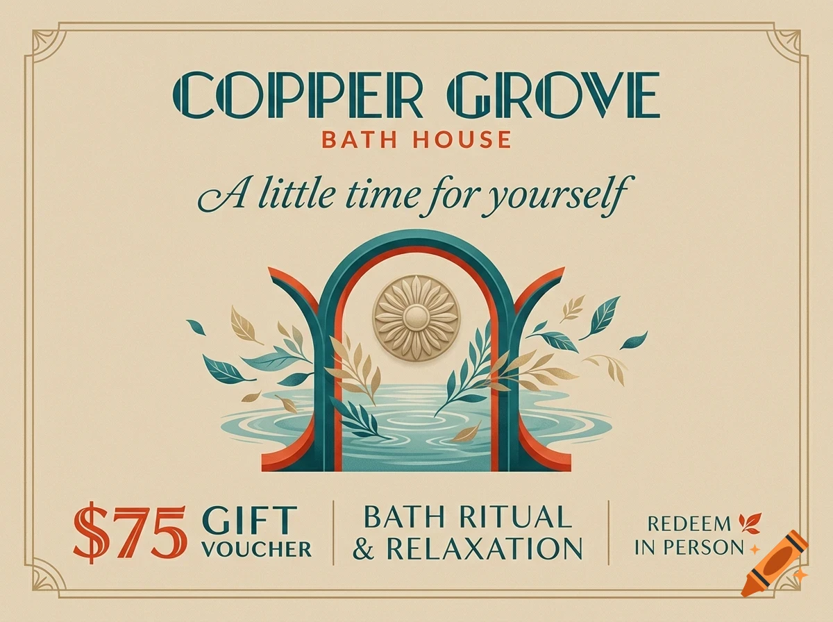 A gift voucher for Copper Grove Bath House featuring an arched illustration, water ripples, leaves, and text.