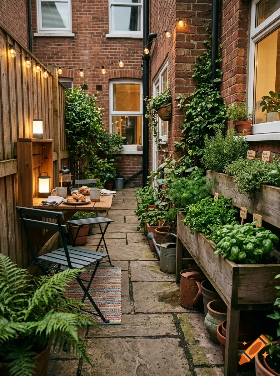 A cozy, narrow courtyard between brick buildings featuring a small wooden table, chairs, string lights, and lush potted plants and herb planters.