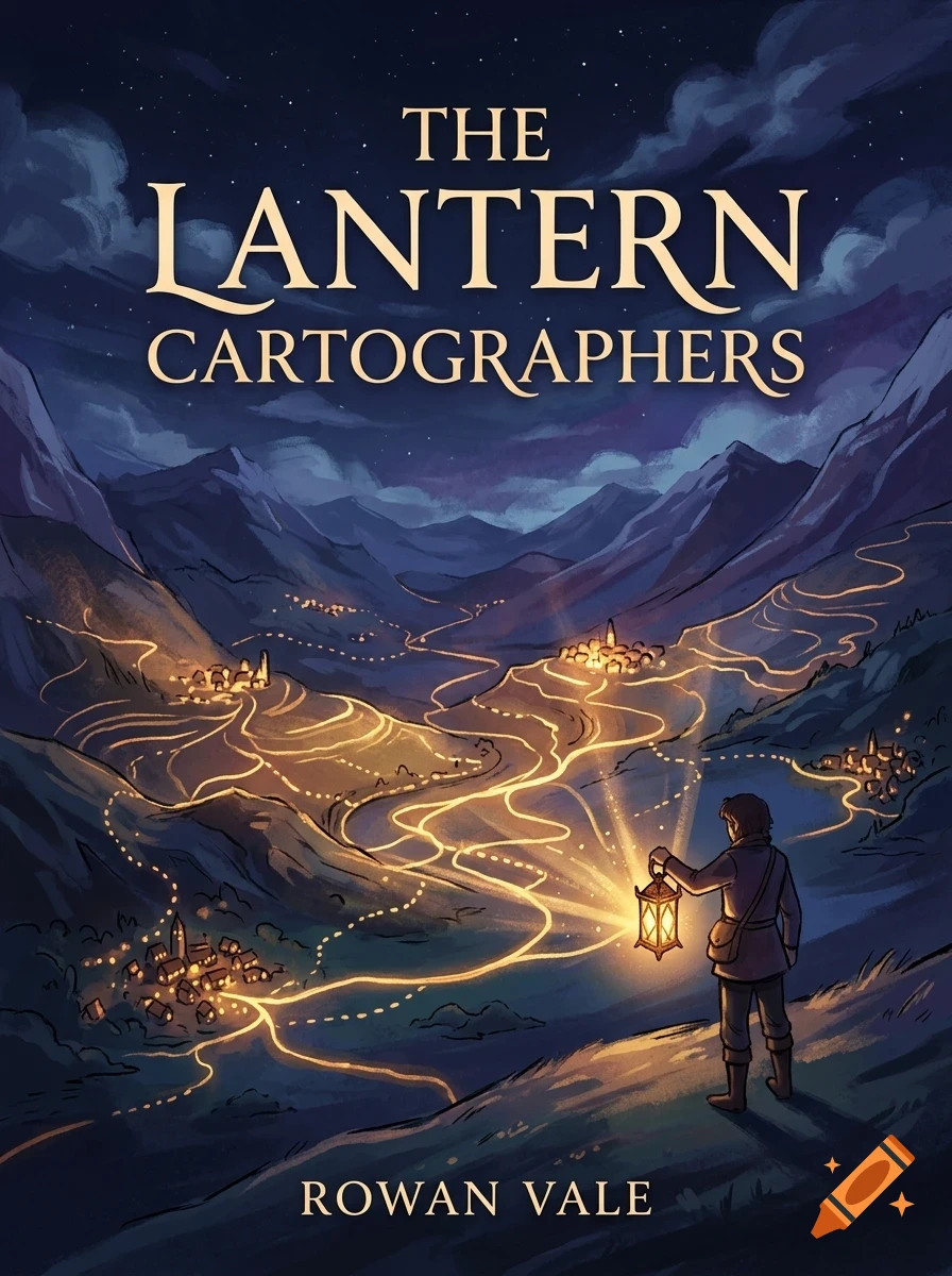 An illustrated book cover showing a person standing on a cliff holding a glowing lantern, overlooking a mountain landscape with lit villages connected by glowing paths.