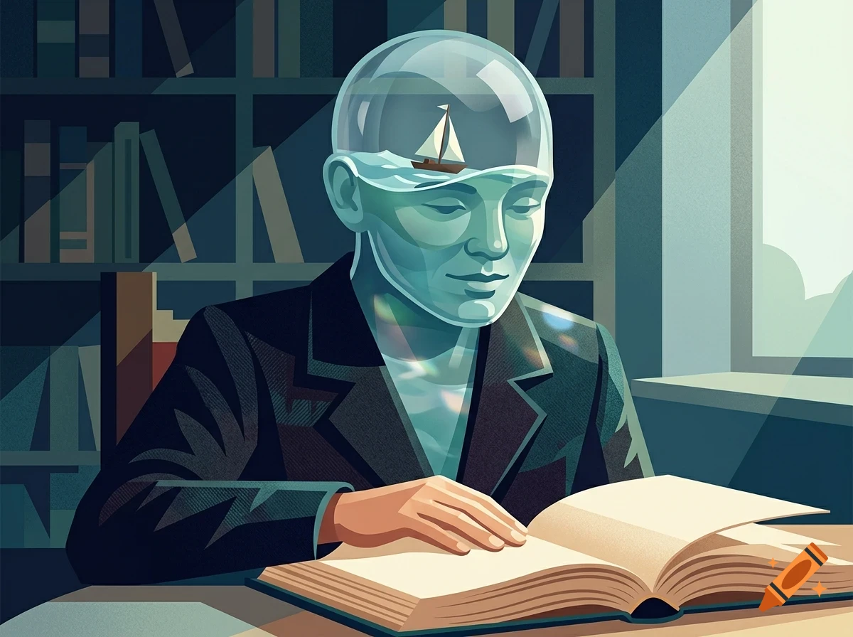 An illustration of a person reading a book, with their head made of a glass bowl containing water and a small sailboat.