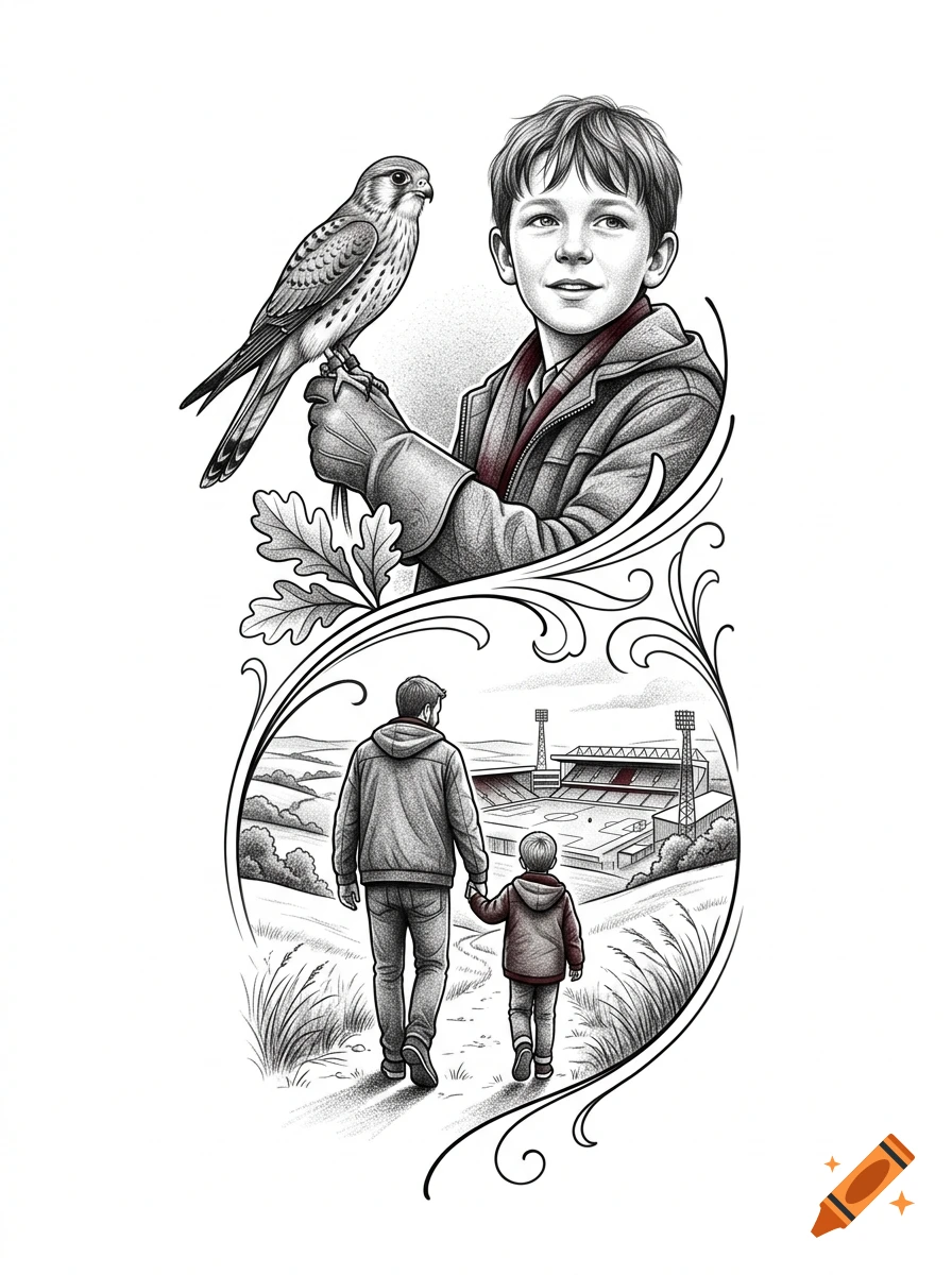 Tattoo design featuring a boy holding a kestrel above a scene of a father and son walking toward a football stadium, stippling art style.