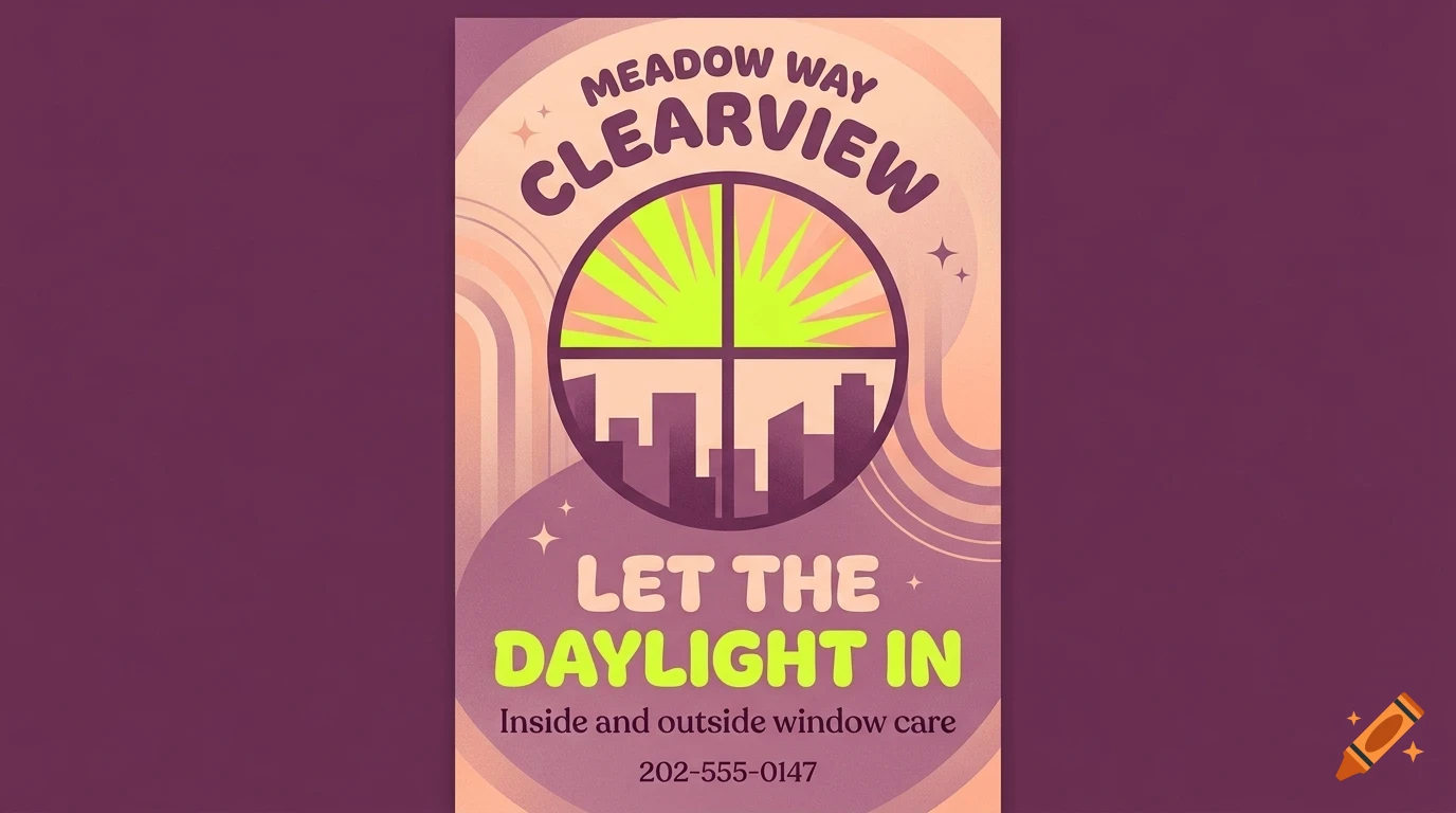 A poster advertisement featuring a stylized window graphic showing a sunrise over a cityscape, with text that reads 'Meadow Way Clearview', 'Let the daylight in', and a phone number.