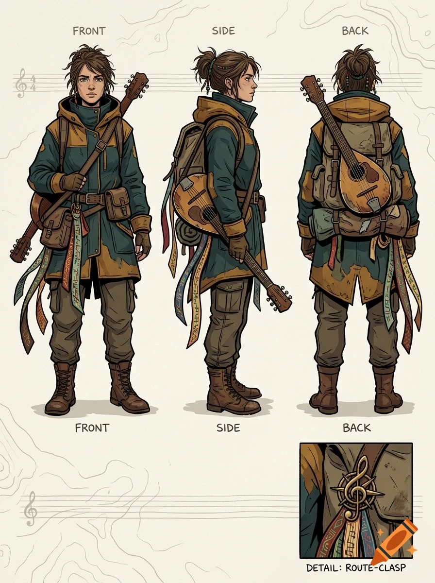 Character design sheet showing front, side, and back views of a fictional adventurer wearing a jacket and carrying a guitar and backpack.