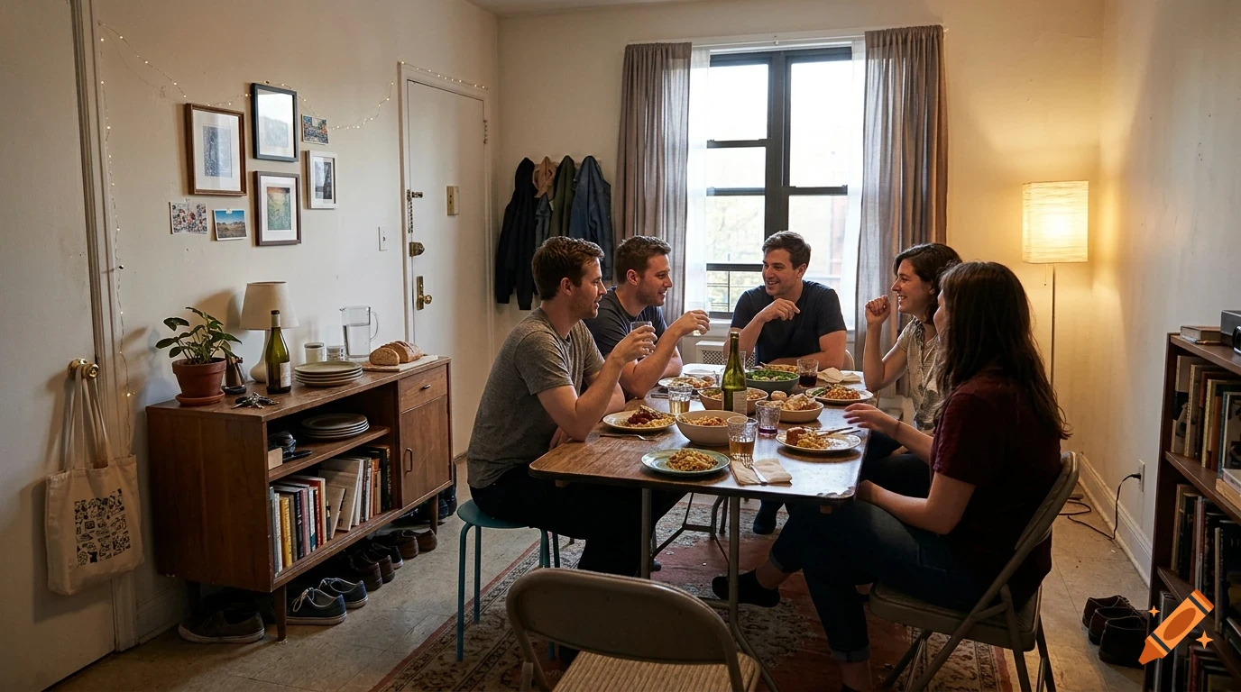 Five friends gathered around a wooden table in an apartment, sharing a meal and drinks.