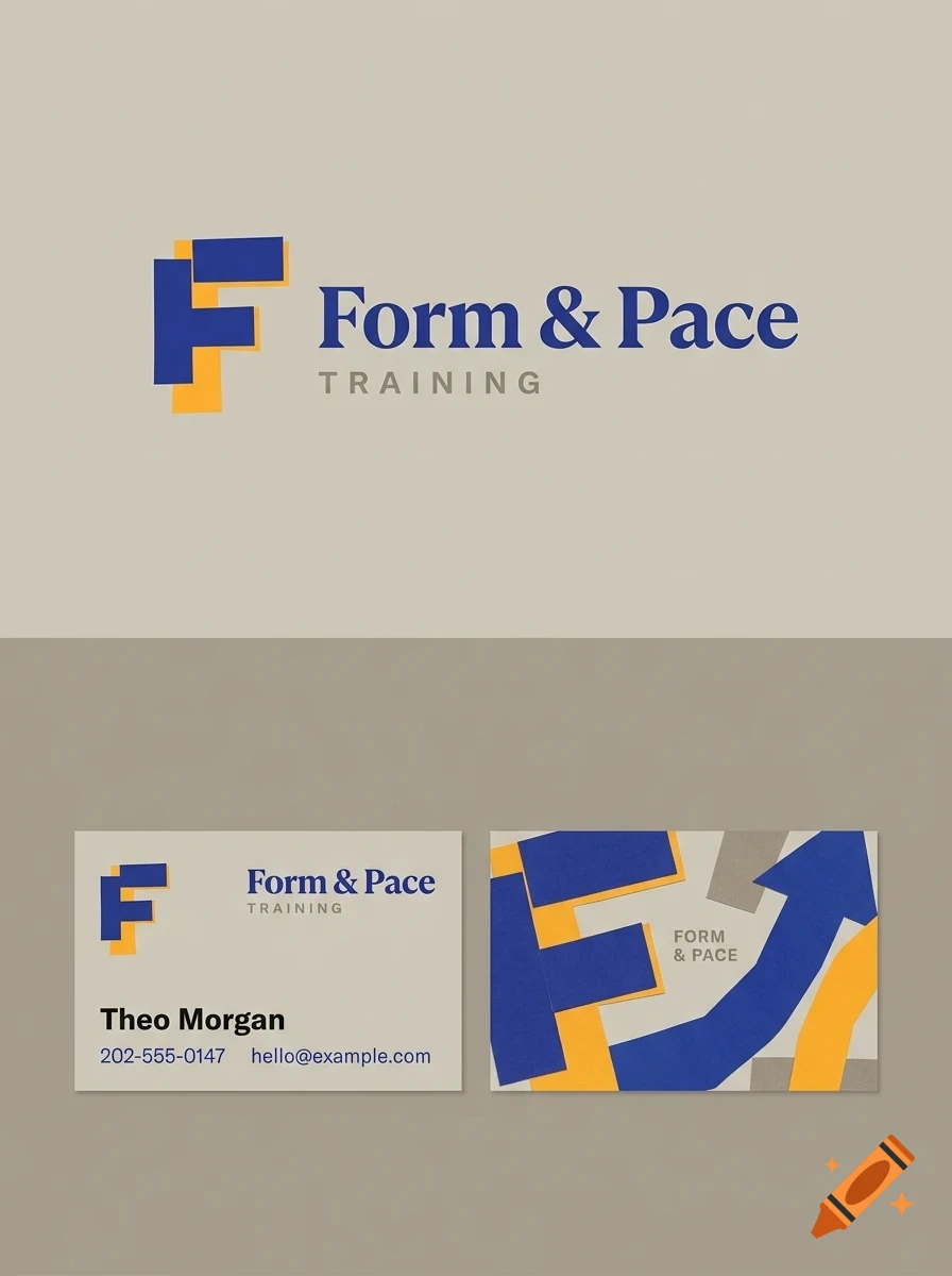 Branding design mockup for Form & Pace Training, featuring blue and yellow layered geometric letter F logos and business cards.