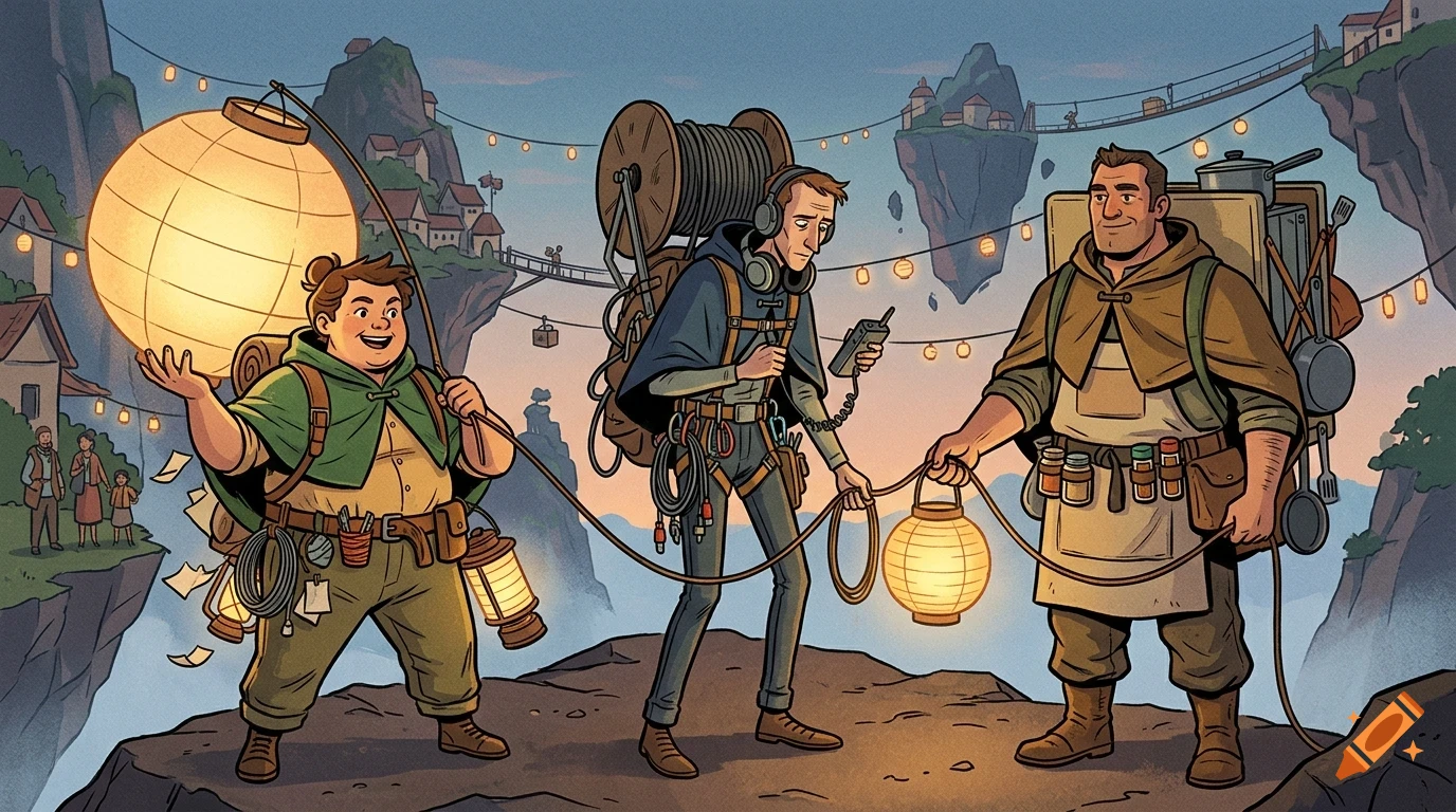 Three travelers with heavy gear and glowing lanterns stand on a cliffside overlooking a fantasy landscape with floating islands.