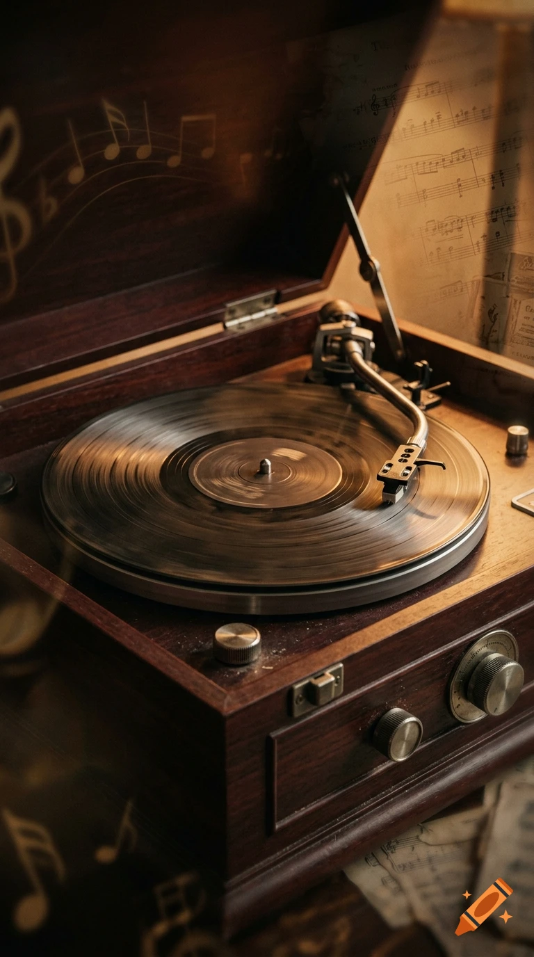 Close-up photorealistic shot of a vintage wooden record player with a spinning vinyl record, sheet music, and glowing warm ambient lighting.