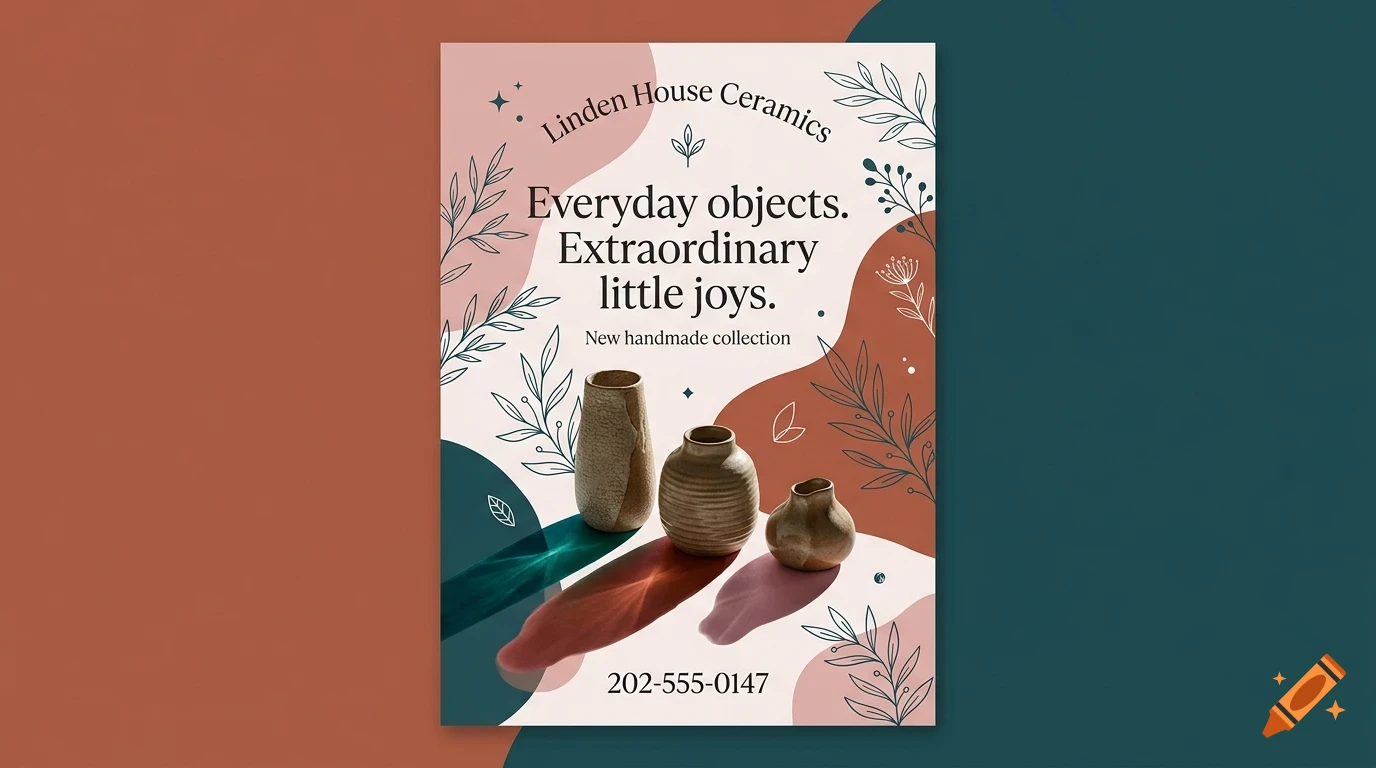 A poster design for Linden House Ceramics featuring three ceramic vases, abstract shapes, botanical line art, and text.