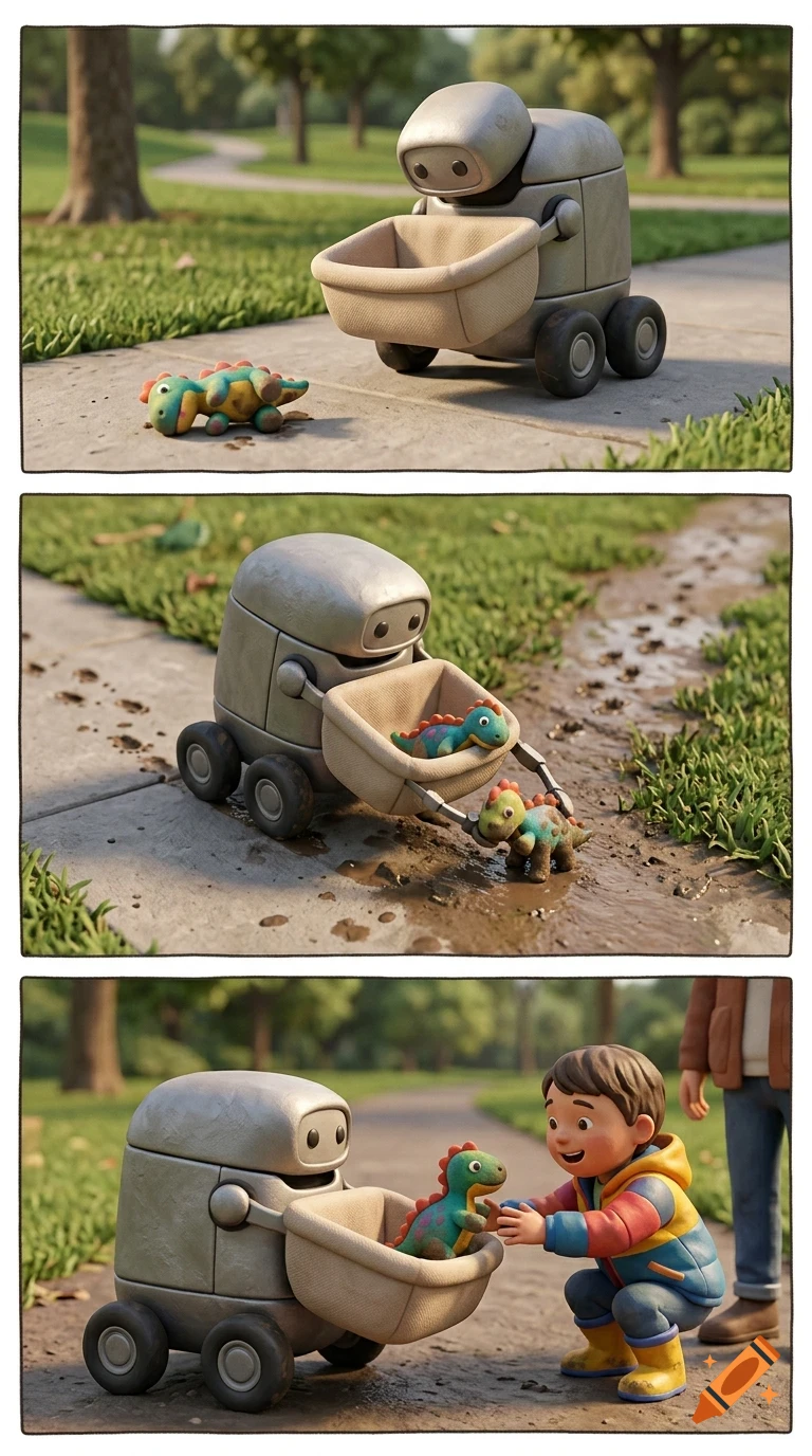 A three-panel comic illustration shows a small robot picking up a toy dinosaur from a pathway and placing it inside its cart, while a young boy watches.